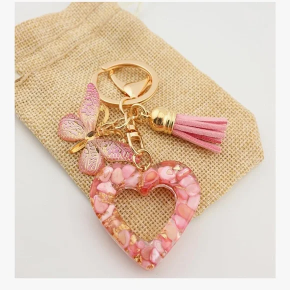 🆕 Heart Resin Keychain with Tassel and Butterfly Charm Bag Accessory for Purse - Picture 5 of 6